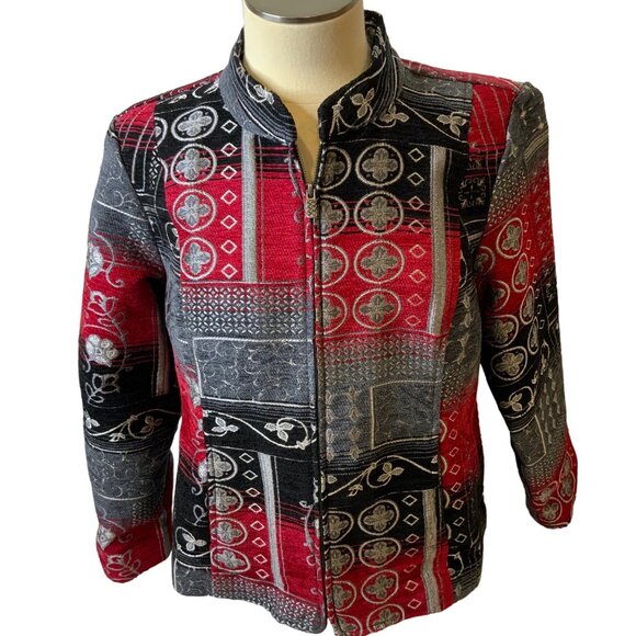Christopher & Banks Tapestry Blazer Zipper Front women's large red, grey, silver - Picture 1 of 7